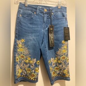 DG2 by Diane Gilman Blue Shorts with Yellow Floral Embroidery